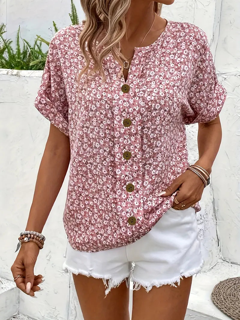 Blus dam, blommönstrad — chic med knappdetaljer i linne