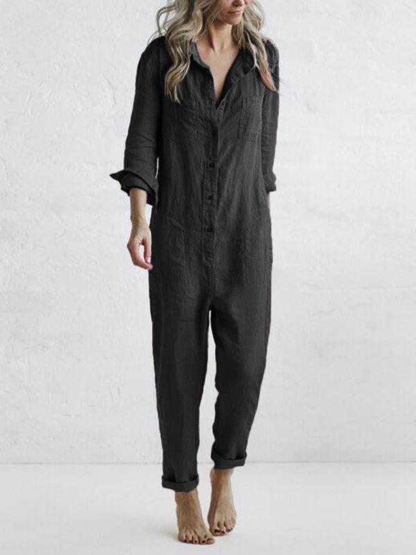 Jumpsuit dam, långärmad — overall med knappslå och fickor i bomull