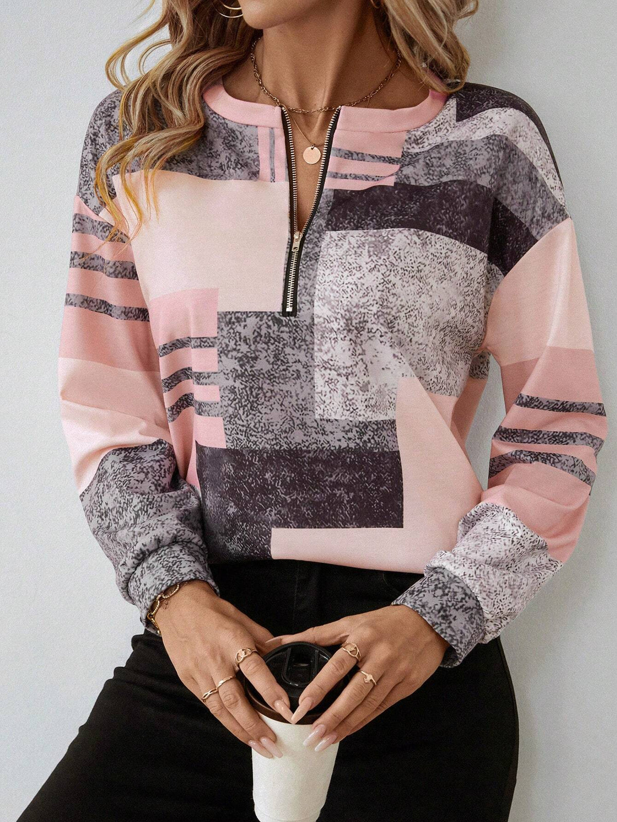 Sweatshirt dam med dragkedja — collegejacka med grafiskt tryck