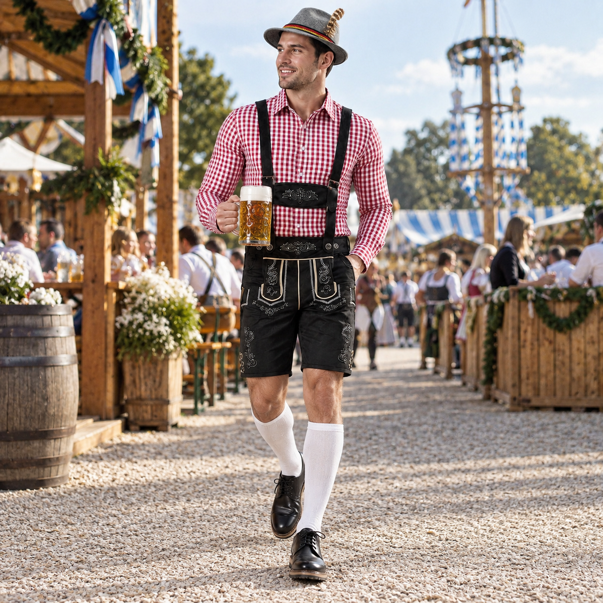 Trachtenset herr — lederhosen och rutig skjorta för Oktoberfest