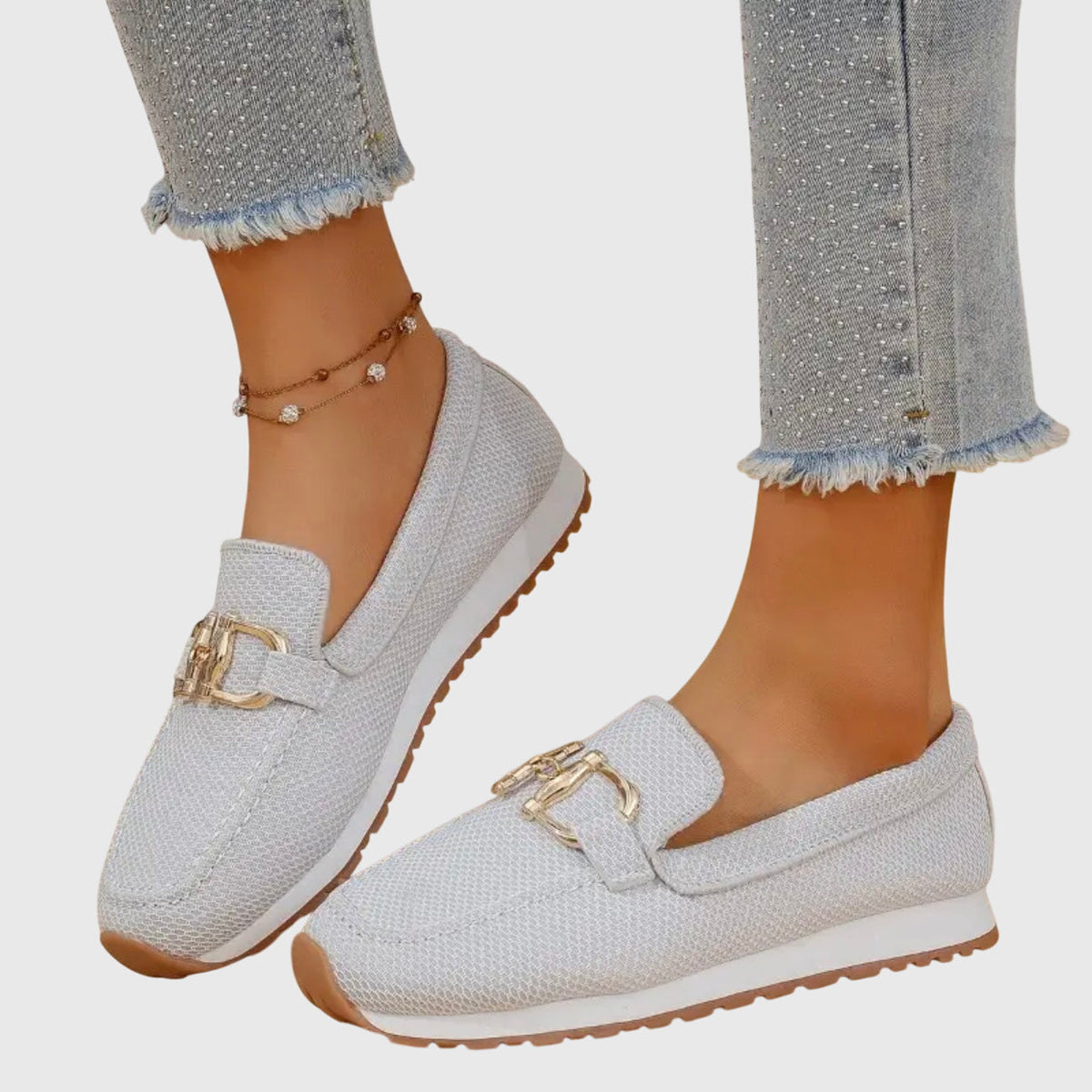 Loafers dam — i läderimitation med metallspänne, bekväma slip-on
