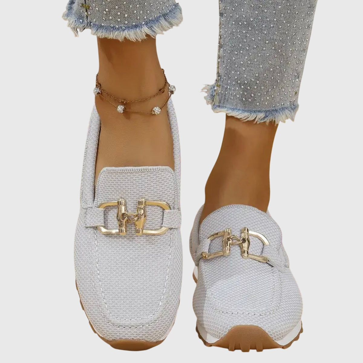 Loafers dam — i läderimitation med metallspänne, bekväma slip-on