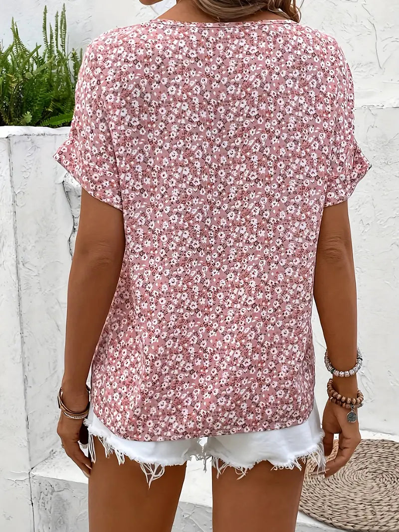 Blus dam, blommönstrad — chic med knappdetaljer i linne