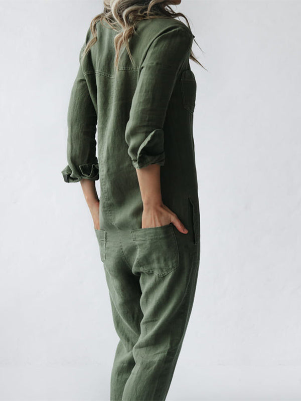 Jumpsuit dam, långärmad — overall med knappslå och fickor i bomull