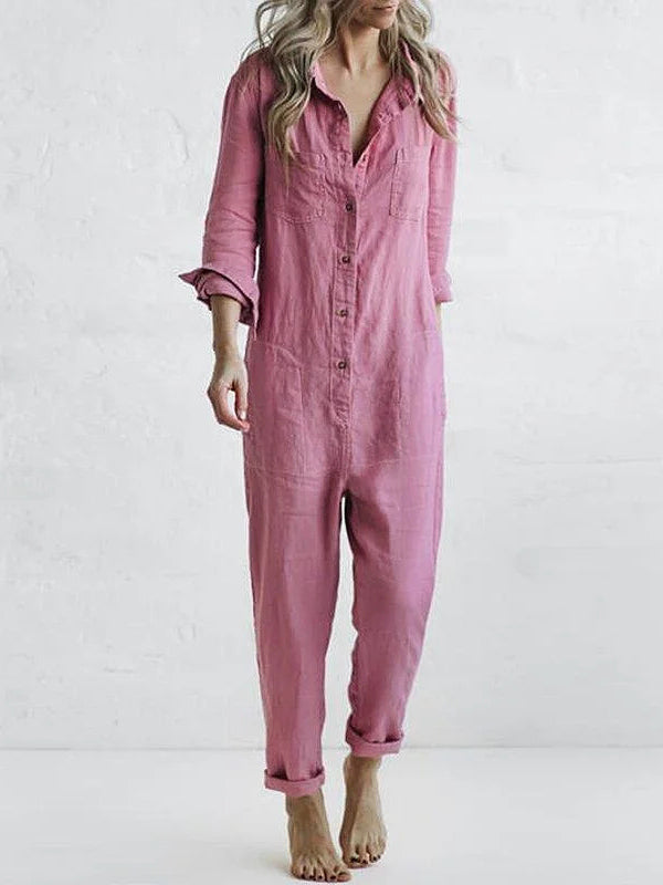 Jumpsuit dam, långärmad — overall med knappslå och fickor i bomull