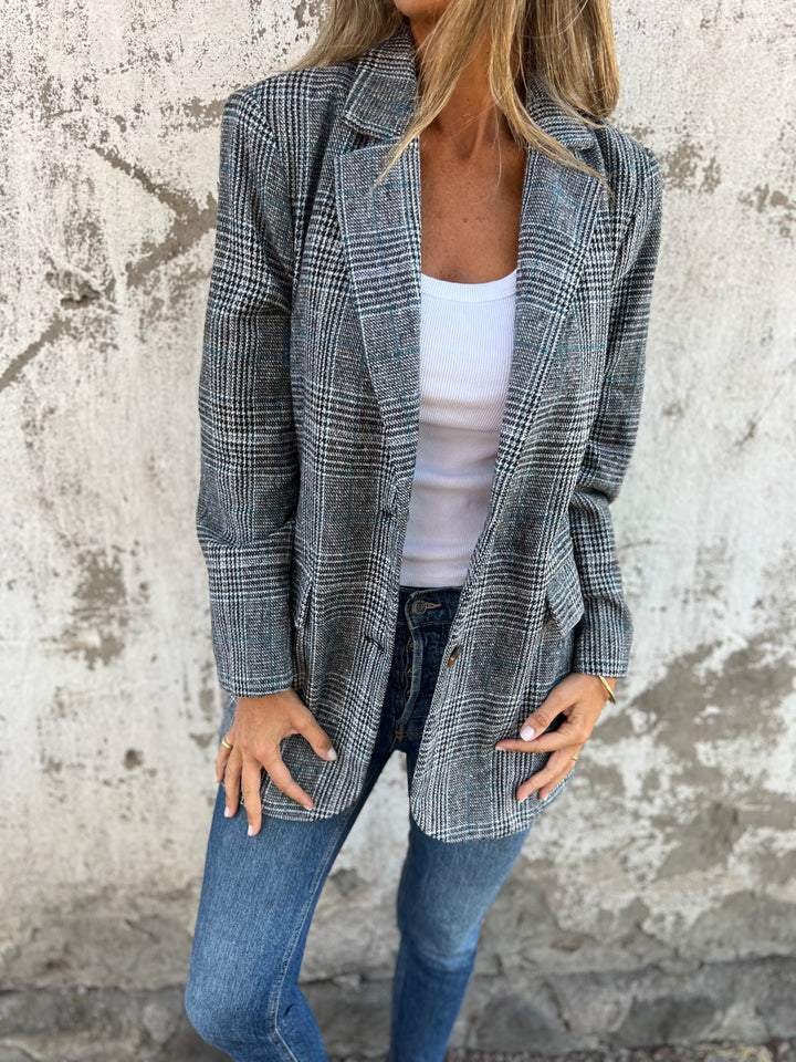 Blazer dam, rutig — elegant kavaj i linne för höst och vinter