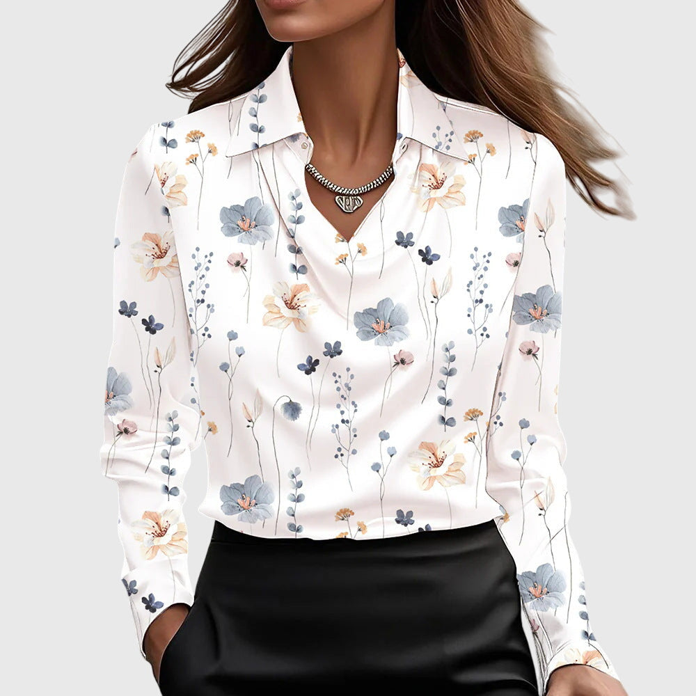Blus dam, elegant — veckad halsringning med glansig yta