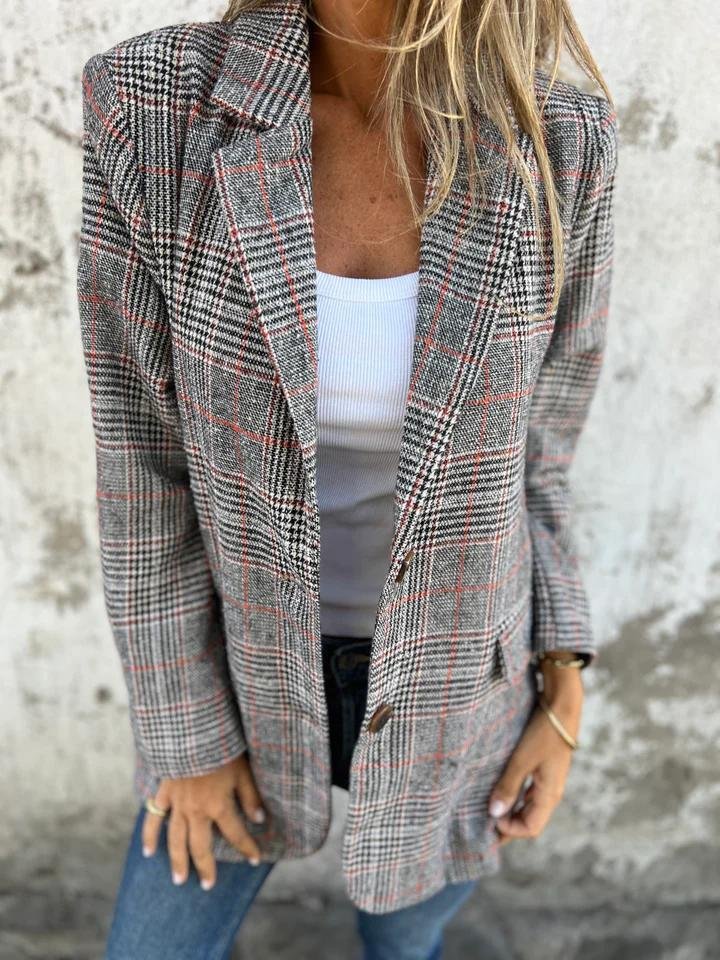 Blazer dam, rutig — elegant kavaj i linne för höst och vinter