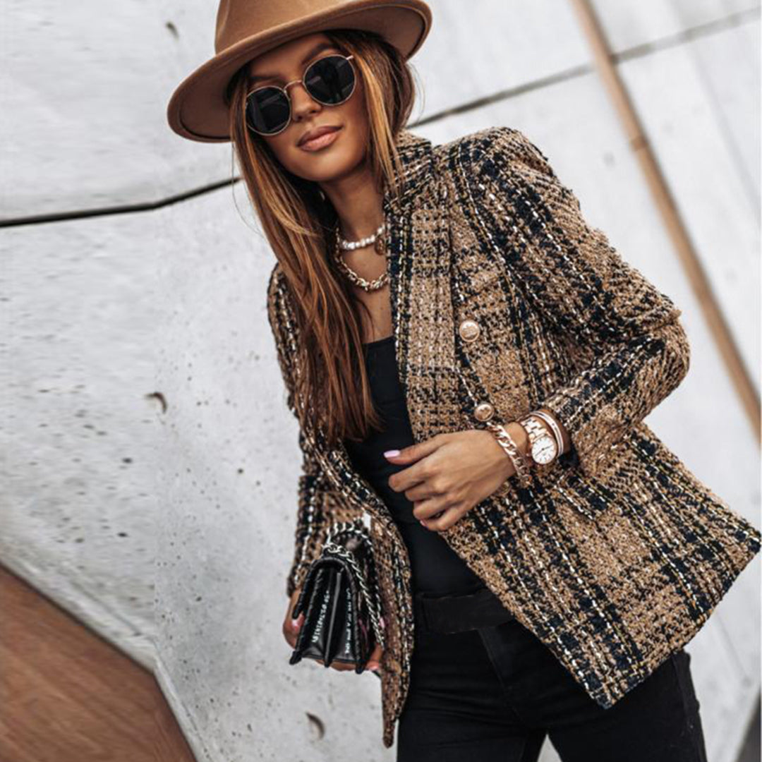 Blazer dam, klassisk — elegant kavaj i linne med slag-krage