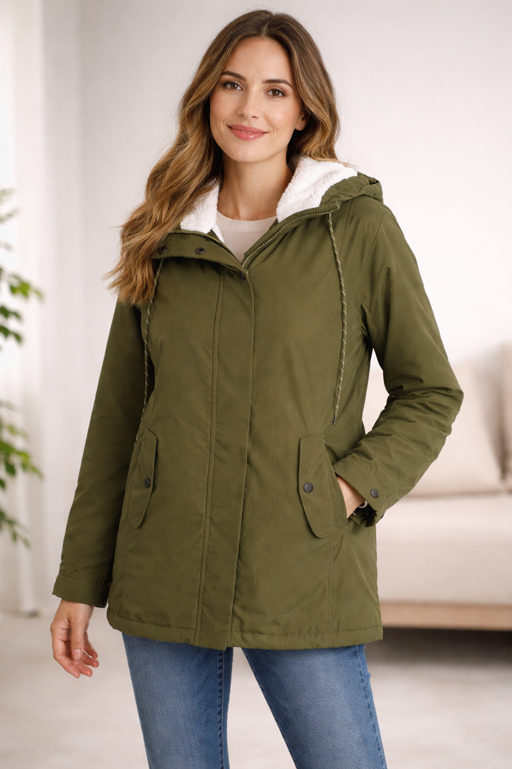 Lång vinterjacka dam — vadderad med huva och foder