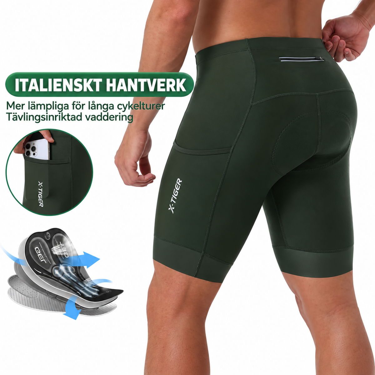 Cykelbyxor herr, korta — kompression med gelinlägg och reflex