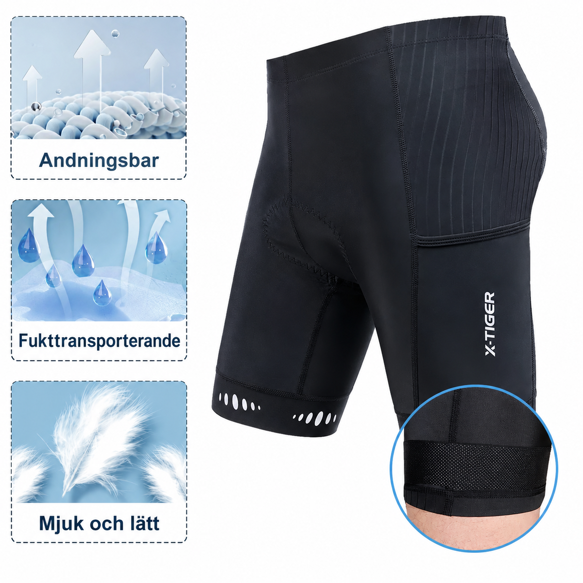 Cykelbyxor herr, korta — kompression med gelinlägg och reflex