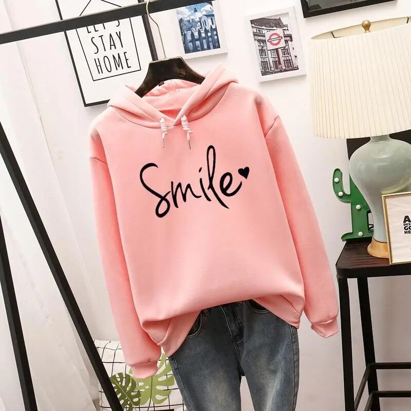 Hoodie dam — mjuk fritidshoodie med smile-tryck och kapuschong