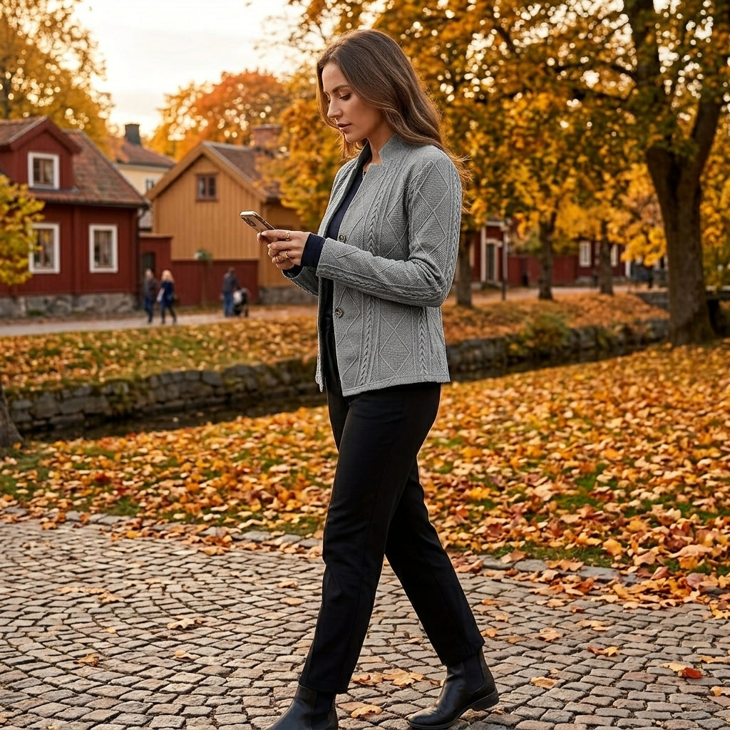 Blazer dam, figursydd — elegant kavaj i linne med strukturerad krage
