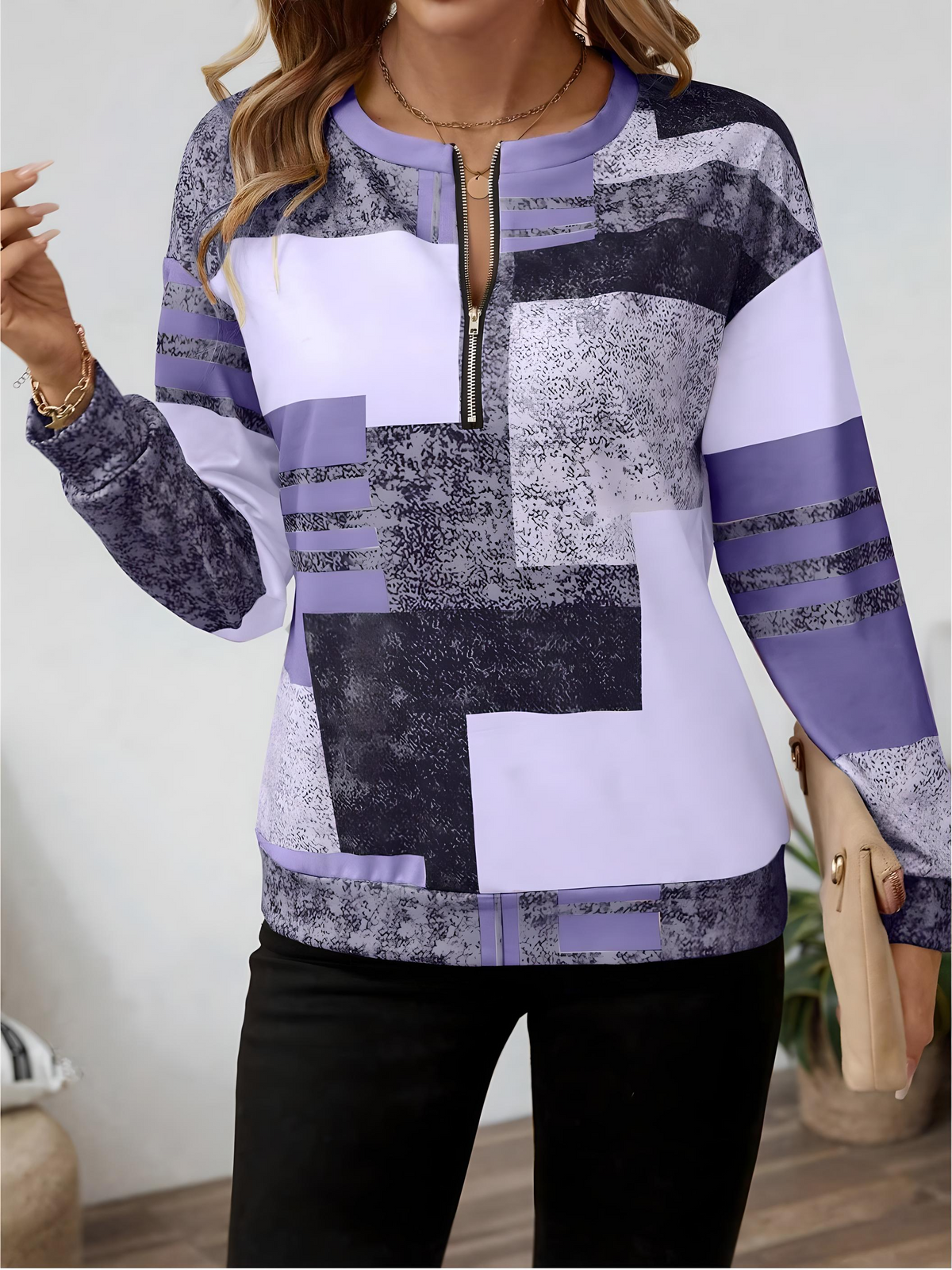 Sweatshirt dam med dragkedja — collegejacka med grafiskt tryck