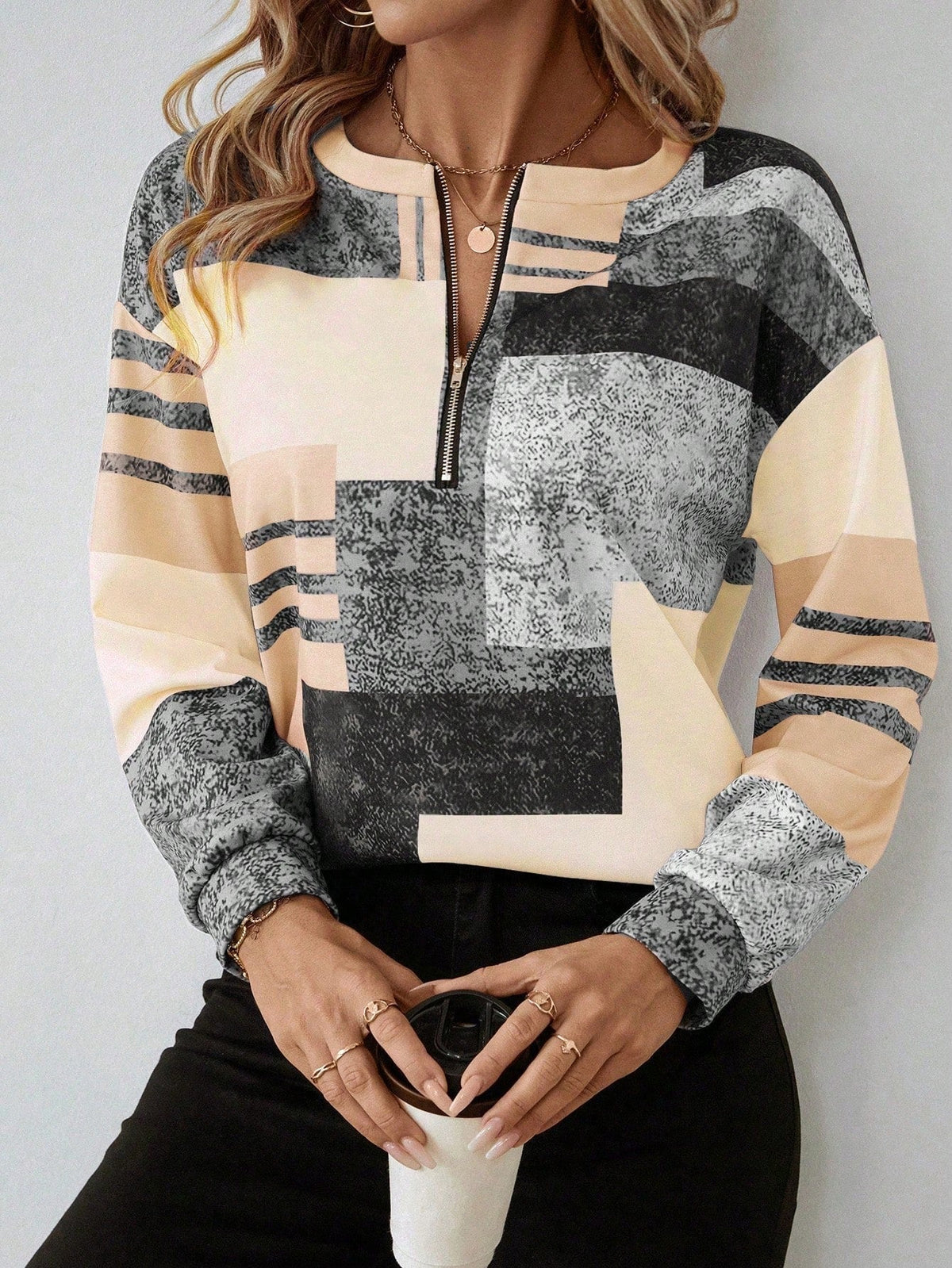 Sweatshirt dam med dragkedja — collegejacka med grafiskt tryck