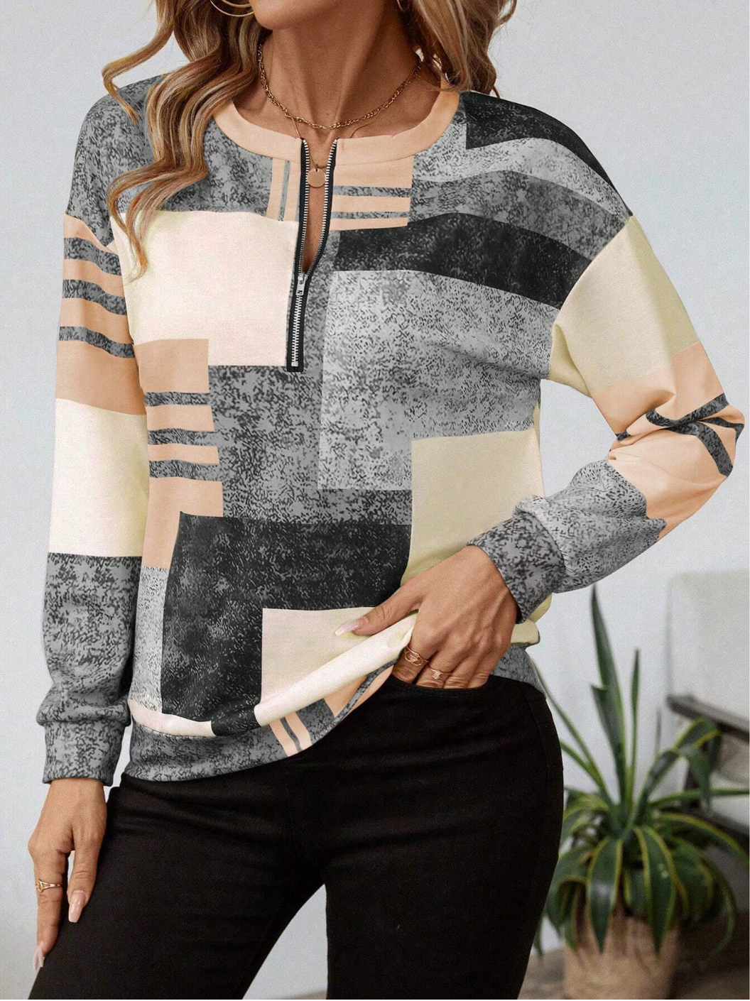 Sweatshirt dam med dragkedja — collegejacka med grafiskt tryck