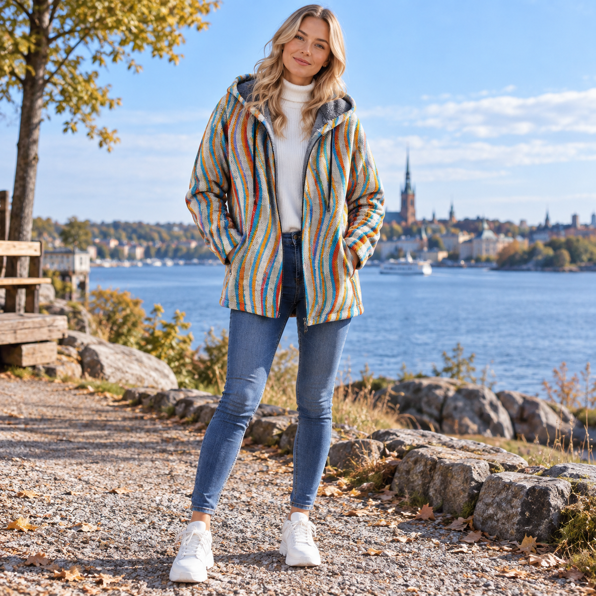 Konstinspirerad hoodie dam — ledig huvtröja med färgstarkt tryck