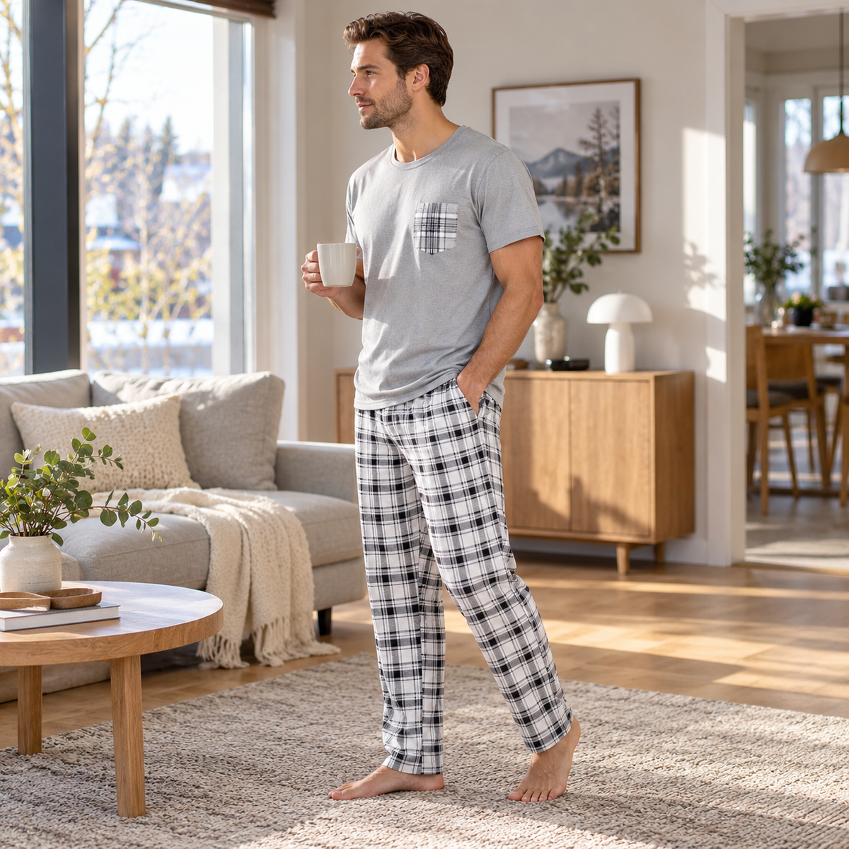 Loungeset herr, rutigt — topp och byxa