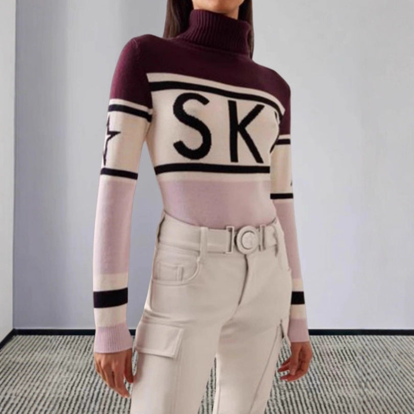 Sportig pullover dam med hög krage — stickad tröja med skidmönster