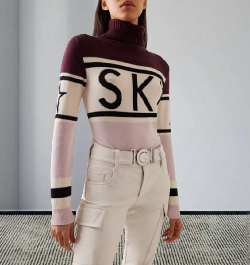 Sportig pullover dam med hög krage — stickad tröja med skidmönster
