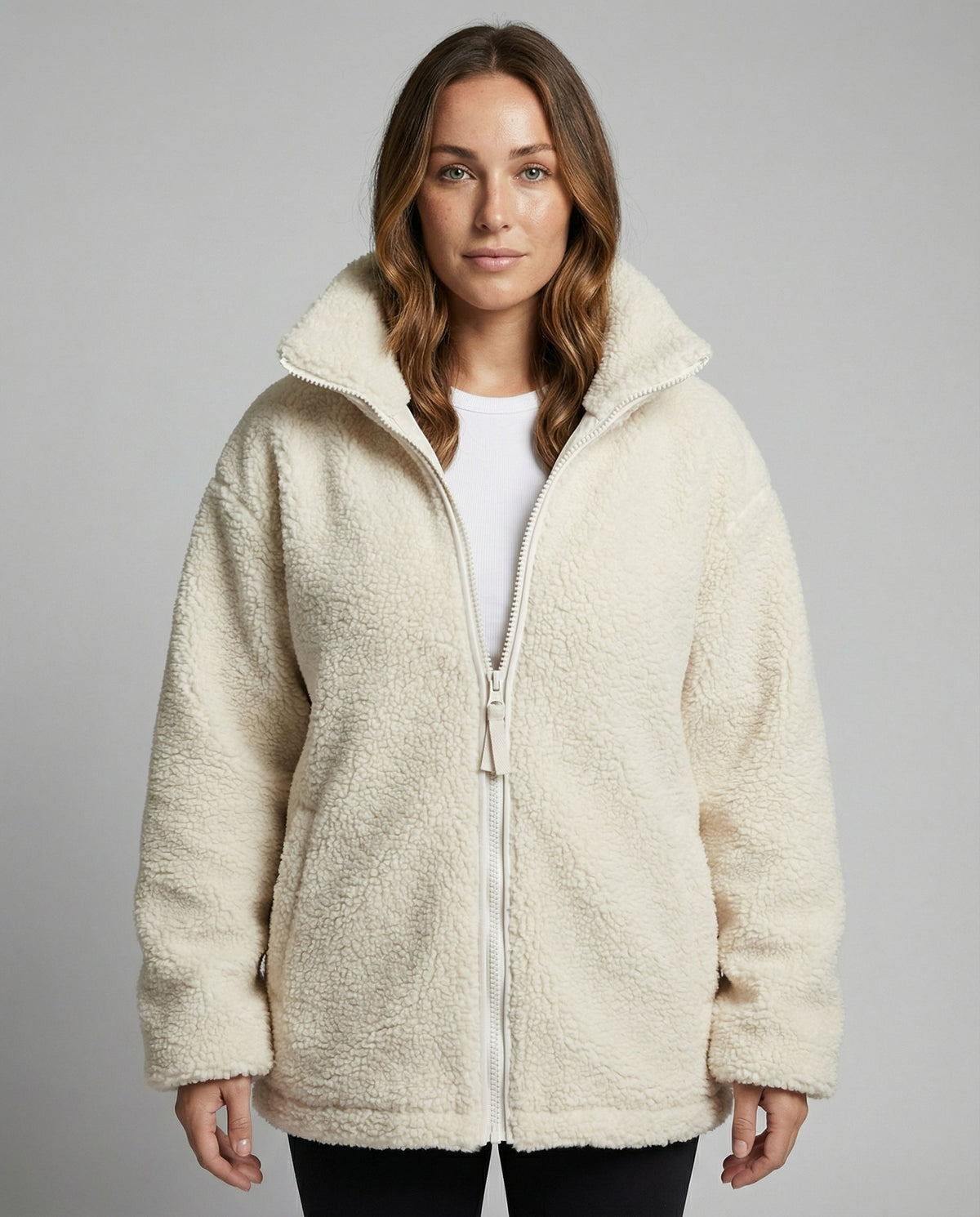 Oversized fleecejacka herr — varm teddyfleece med dragkedja
