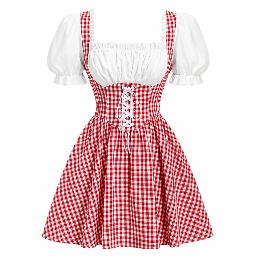 Dirndl dam, rutig — Oktoberfest-klänning med puffärmar och rosettdetaljer