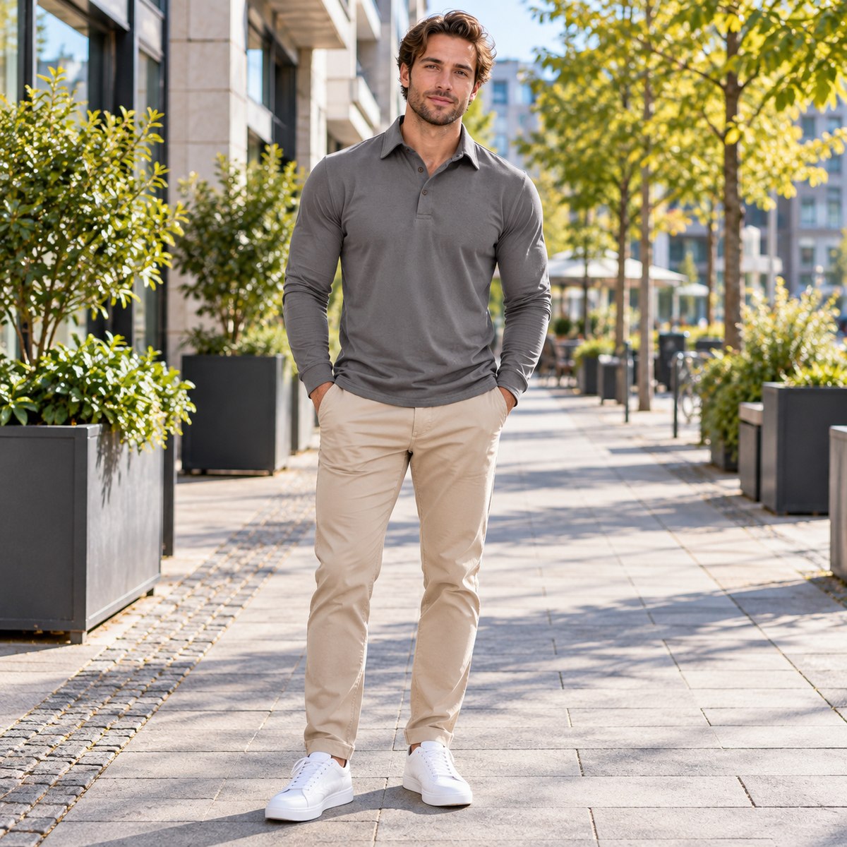 Piké herr, långärmad — figurnära muscle fit med krage