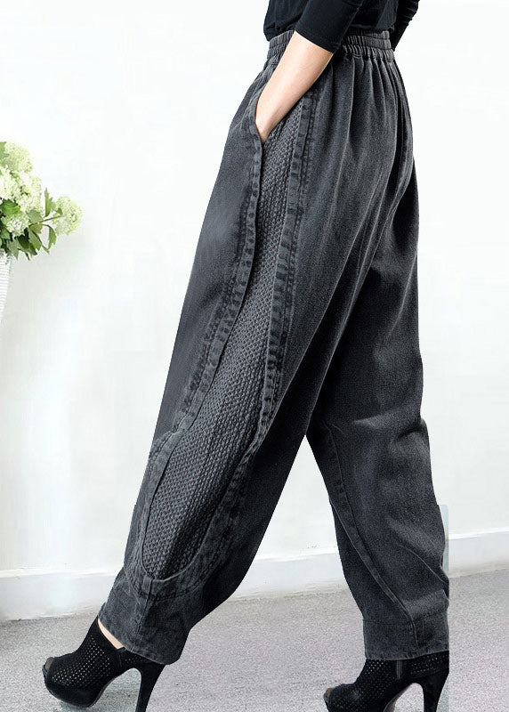 Haremsbyxor dam i denim, grå — lös passform med resårmidja och fickor