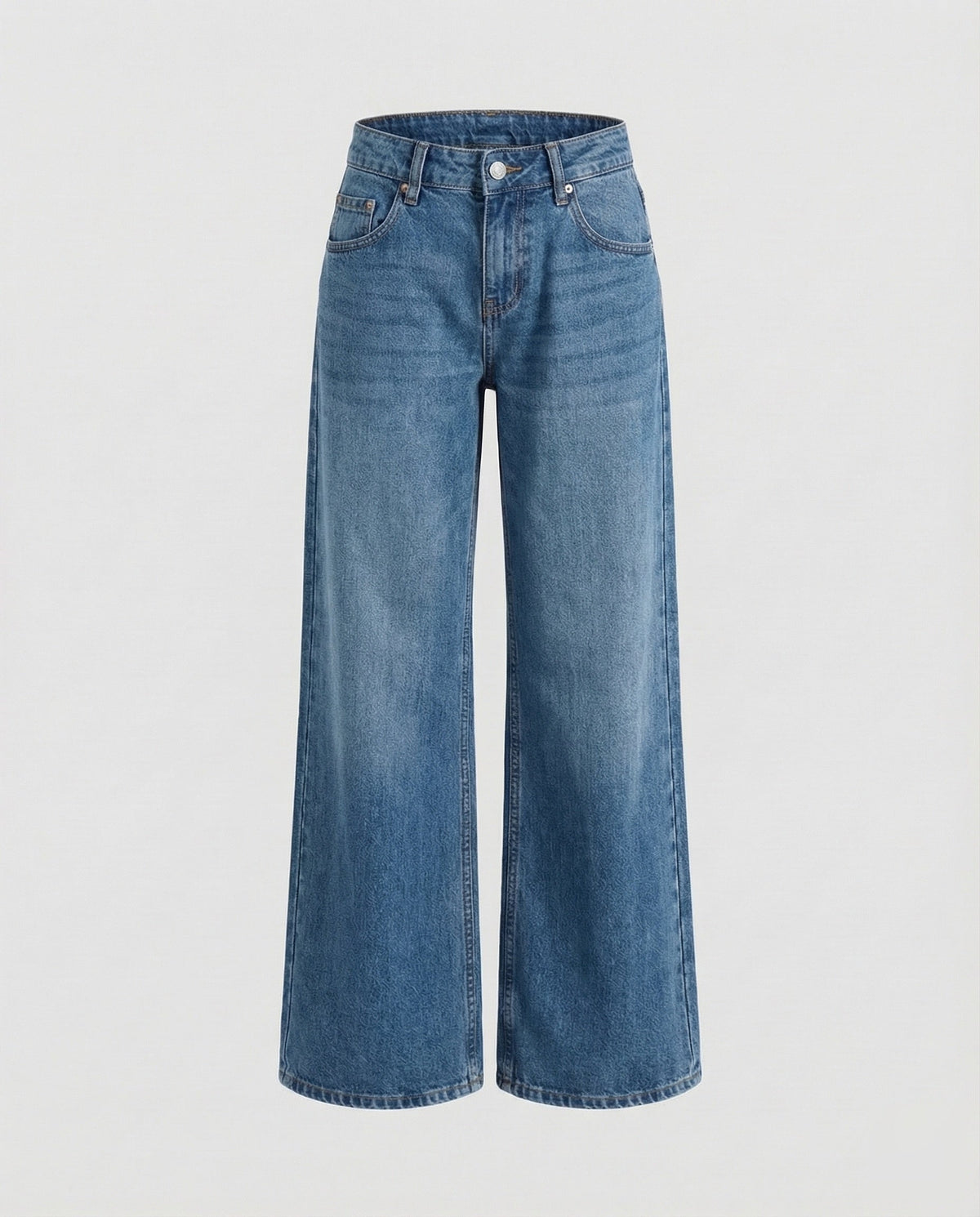 Raka jeans dam med låg midja — vida ben, avslappnad passform