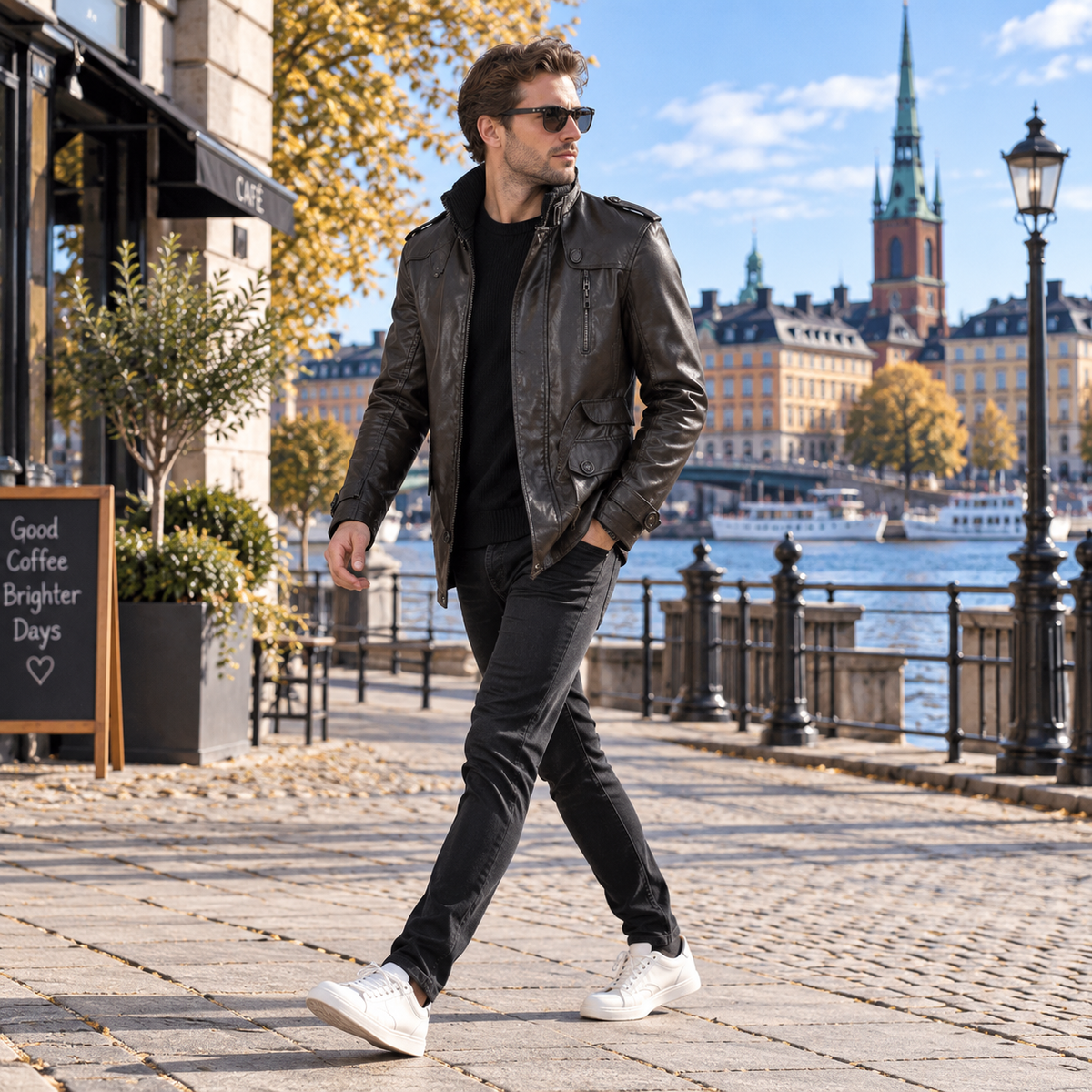 Skinnkappa herr i läderimitation — lång stilren rock