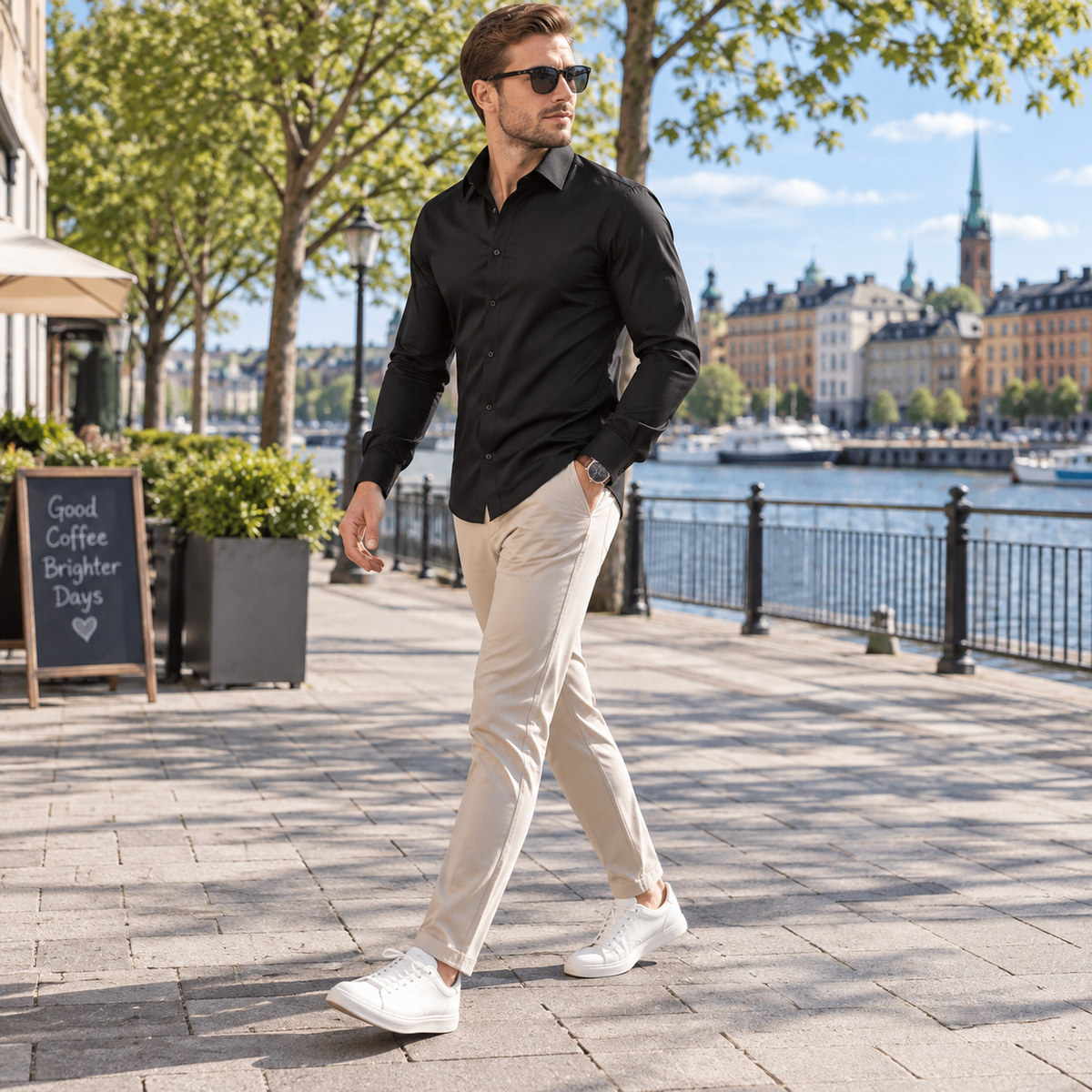 Skjorta herr, sträckbar — skrynkelfri businesskjorta