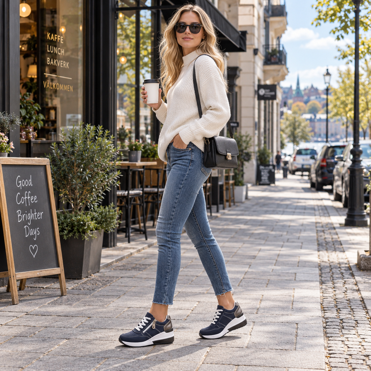 Sneakers dam — komfortmodell med kilsula, dragkedja och snörning