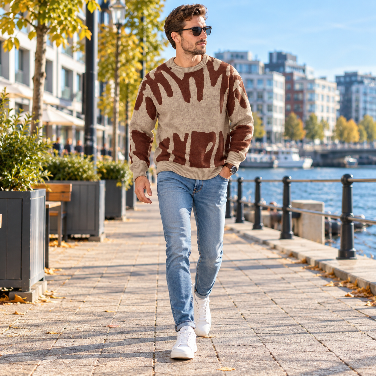 Stickad tröja herr — klassisk rundhals