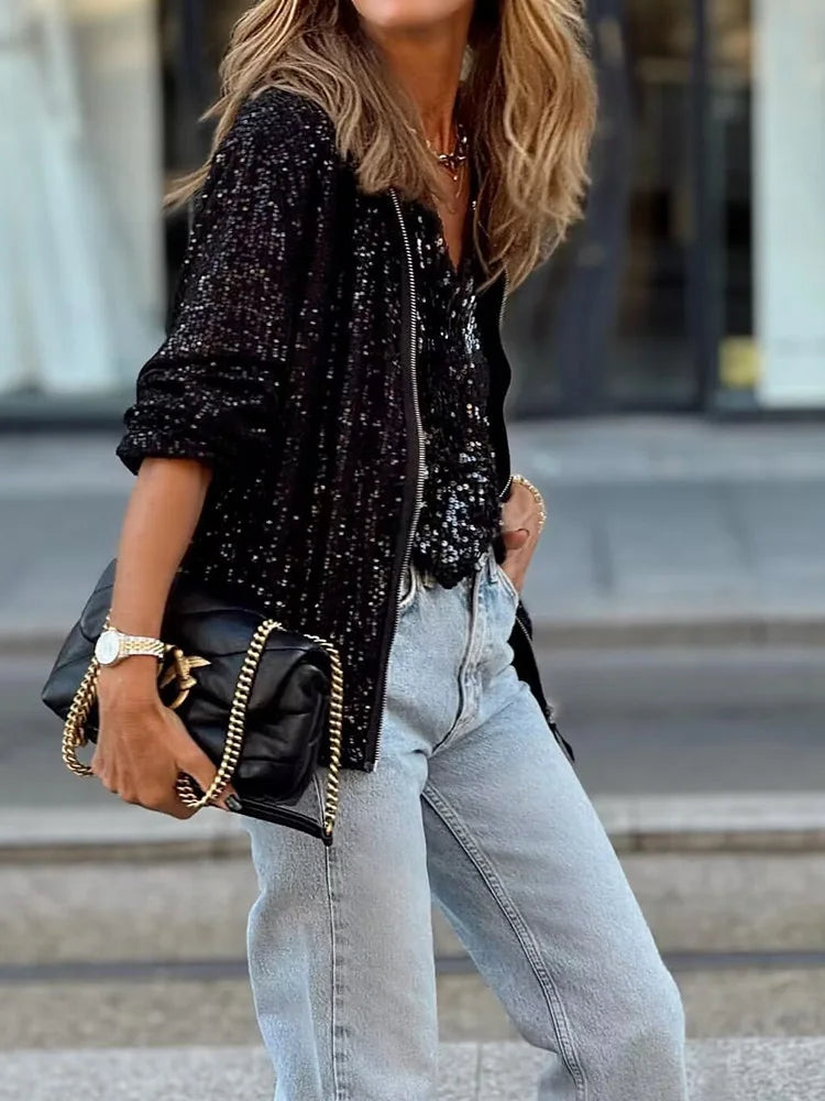 Jacka dam, loungewear — med paljetter, o-ringning och dragkedja