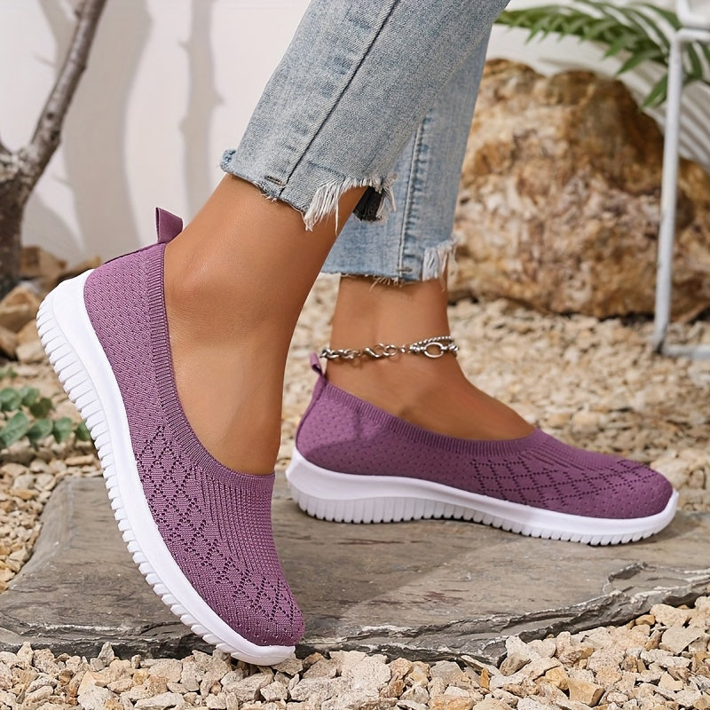 Slip-on skor dam — stickad textil med rund tå och flexibel såla