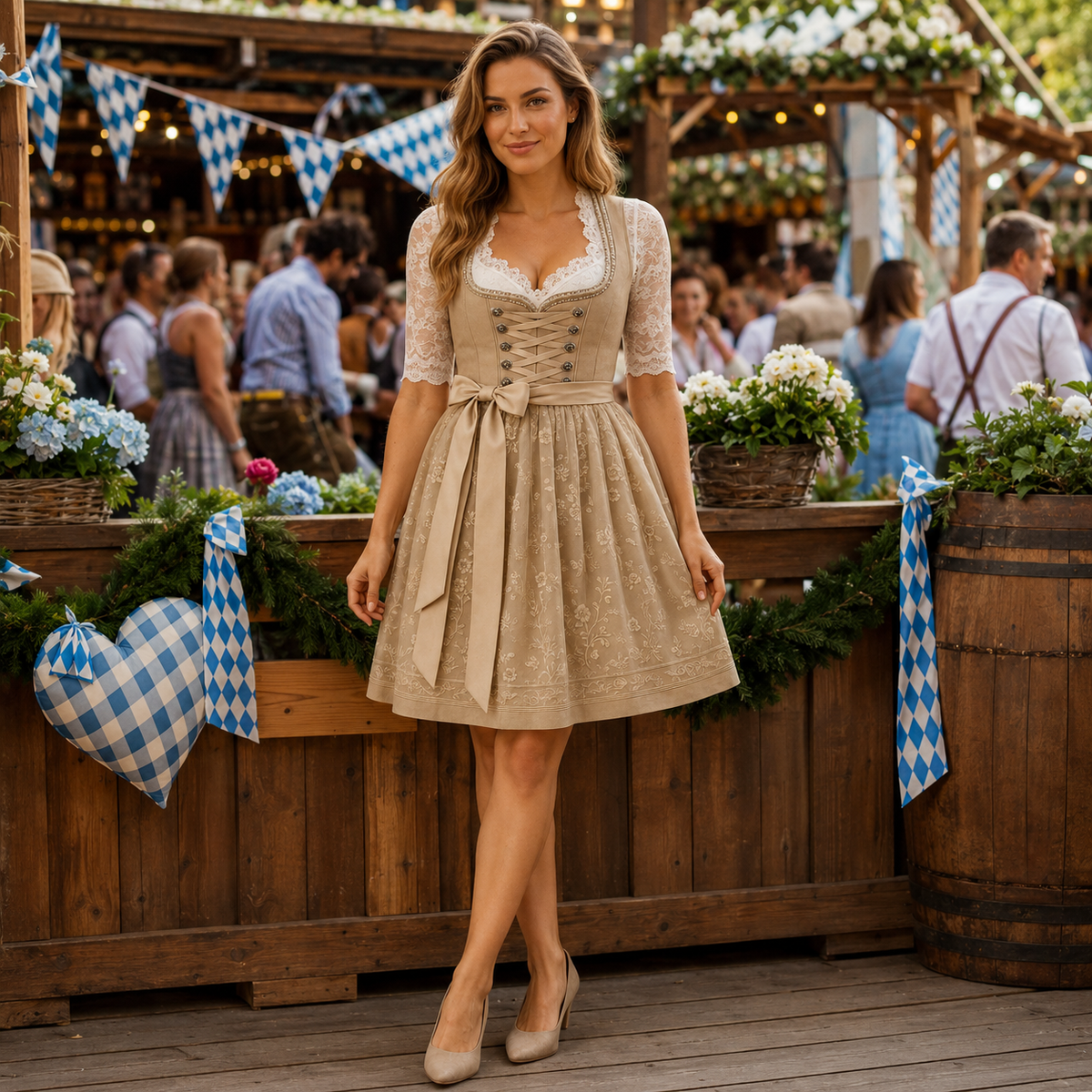 Traditionell folkdräkt dam — klassisk klänning i khaki