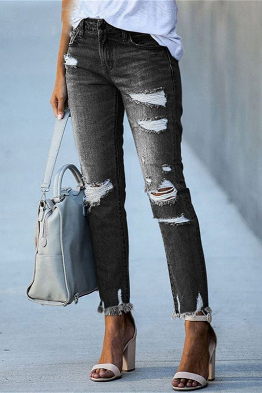 Jeans dam, raka — rippade distressed med rå fåll