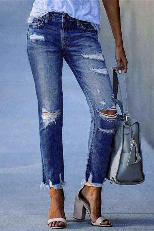 Jeans dam, raka — rippade distressed med rå fåll
