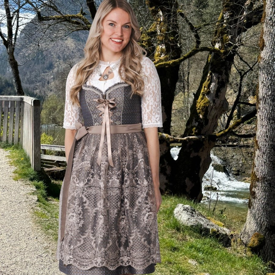 Dirndl dam, tvådelad — brun Oktoberfest-klänning med blommönster