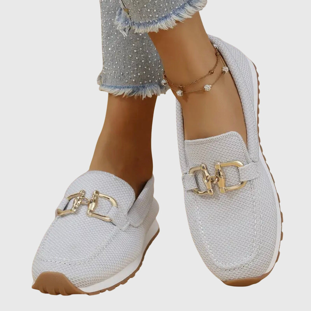 Loafers dam — i läderimitation med metallspänne, bekväma slip-on