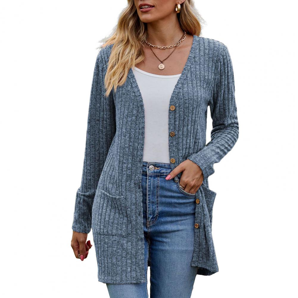 Stickad kofta dam — mjuk cardigan i akryl med långa ärmar