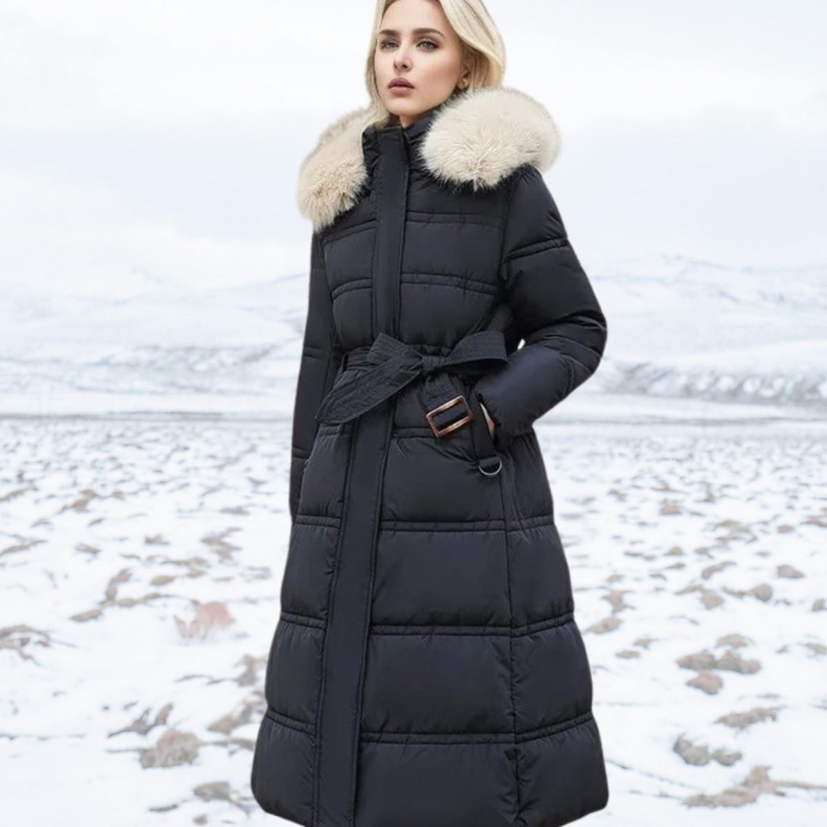 Parka dam, lång — vinterparka med fuskpälshuva och vindskydd