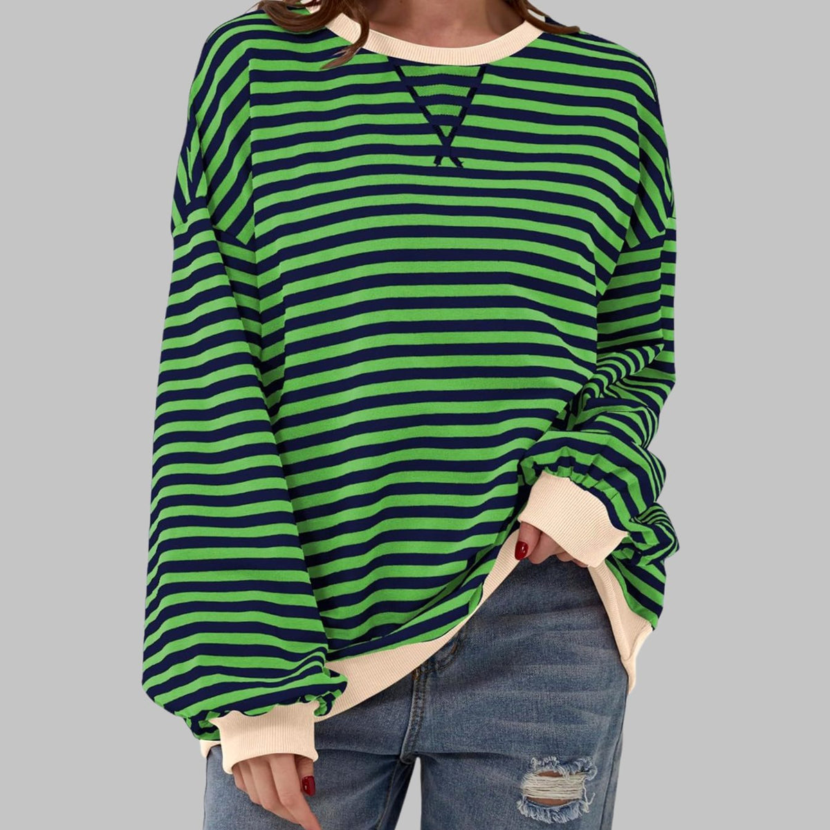 Sweatshirt dam — oversized med retroränder och kontrastmuddar