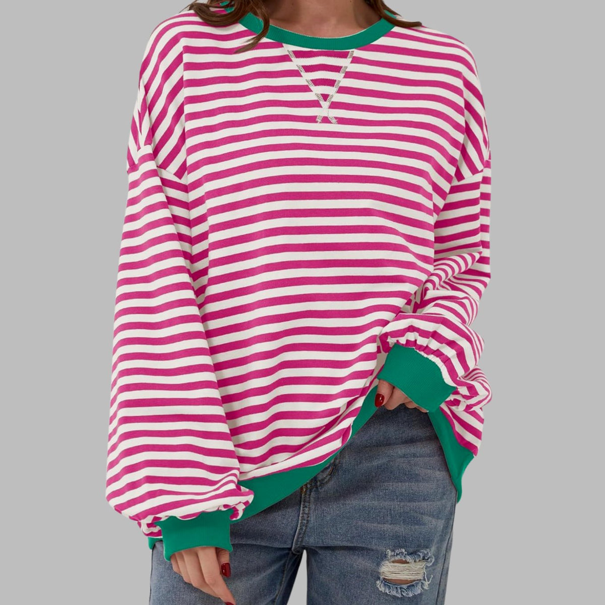 Sweatshirt dam — oversized med retroränder och kontrastmuddar