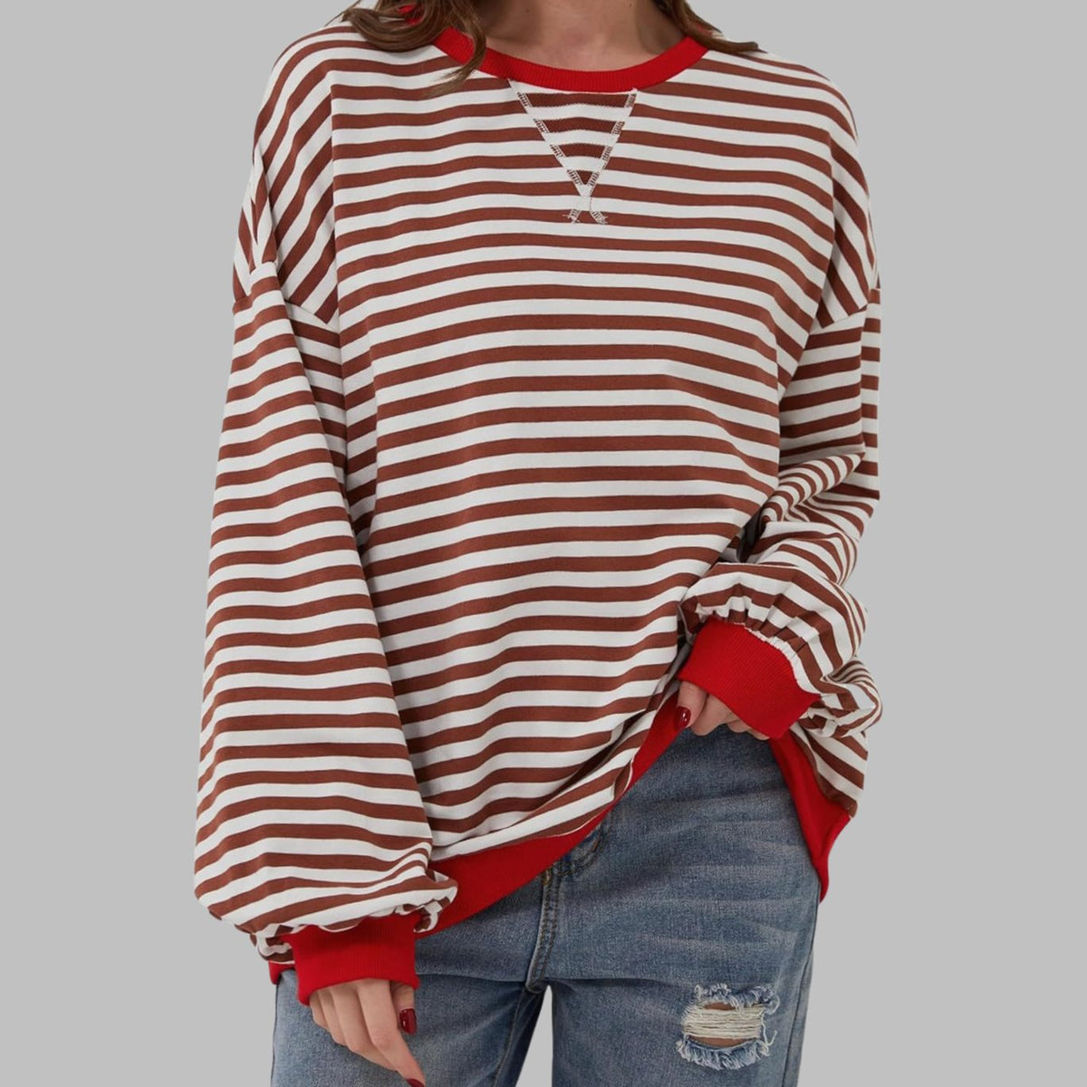 Sweatshirt dam — oversized med retroränder och kontrastmuddar
