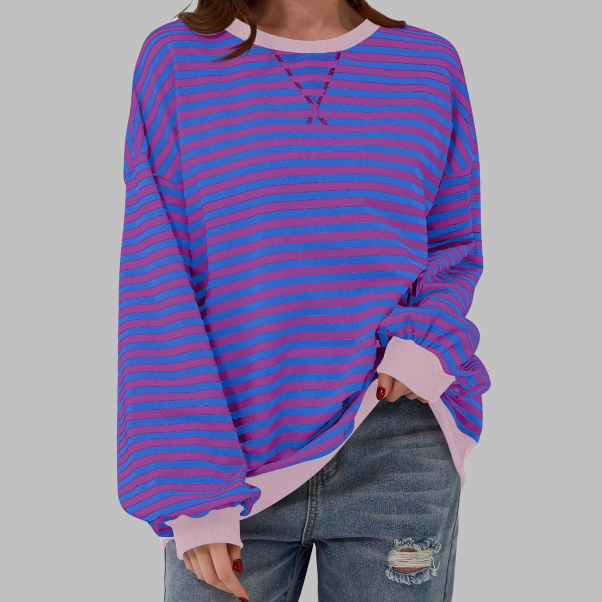 Sweatshirt dam — oversized med retroränder och kontrastmuddar