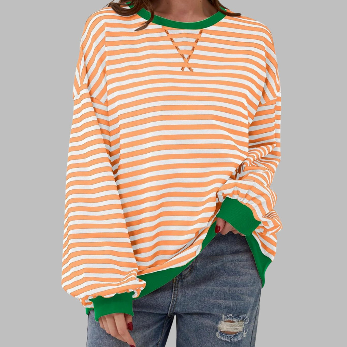Sweatshirt dam — oversized med retroränder och kontrastmuddar