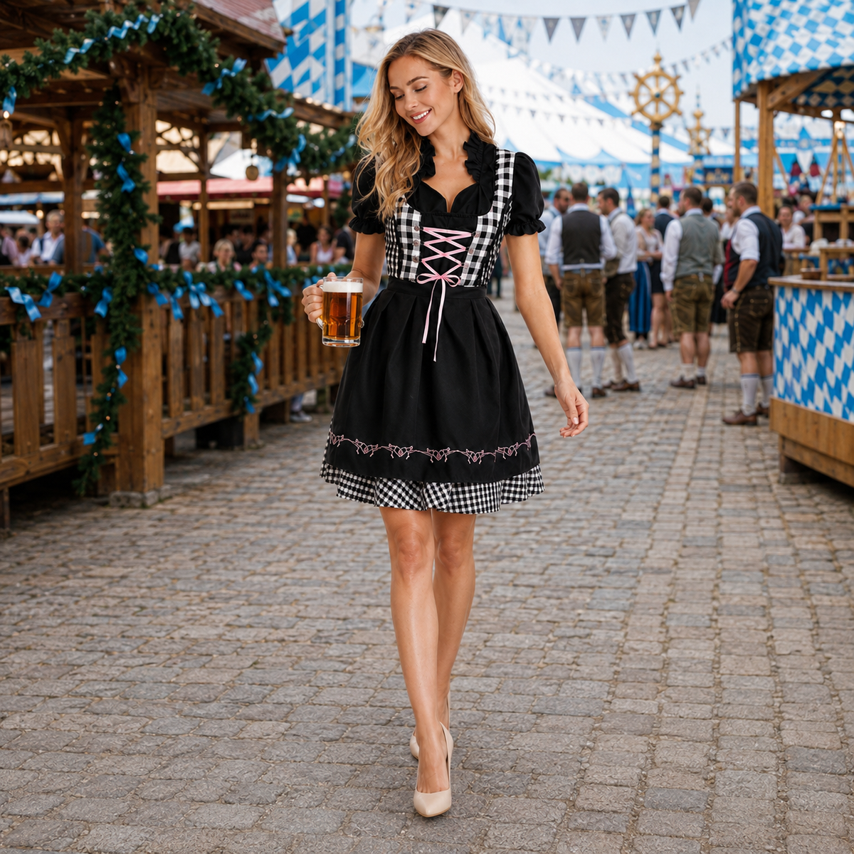 Dirndl dam, rutig — svart tyrolerklänning för Oktoberfest