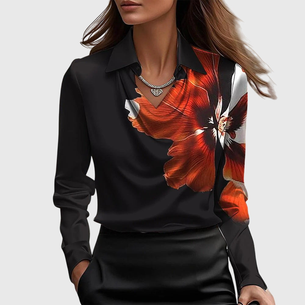 Blus dam, elegant — veckad halsringning med glansig yta